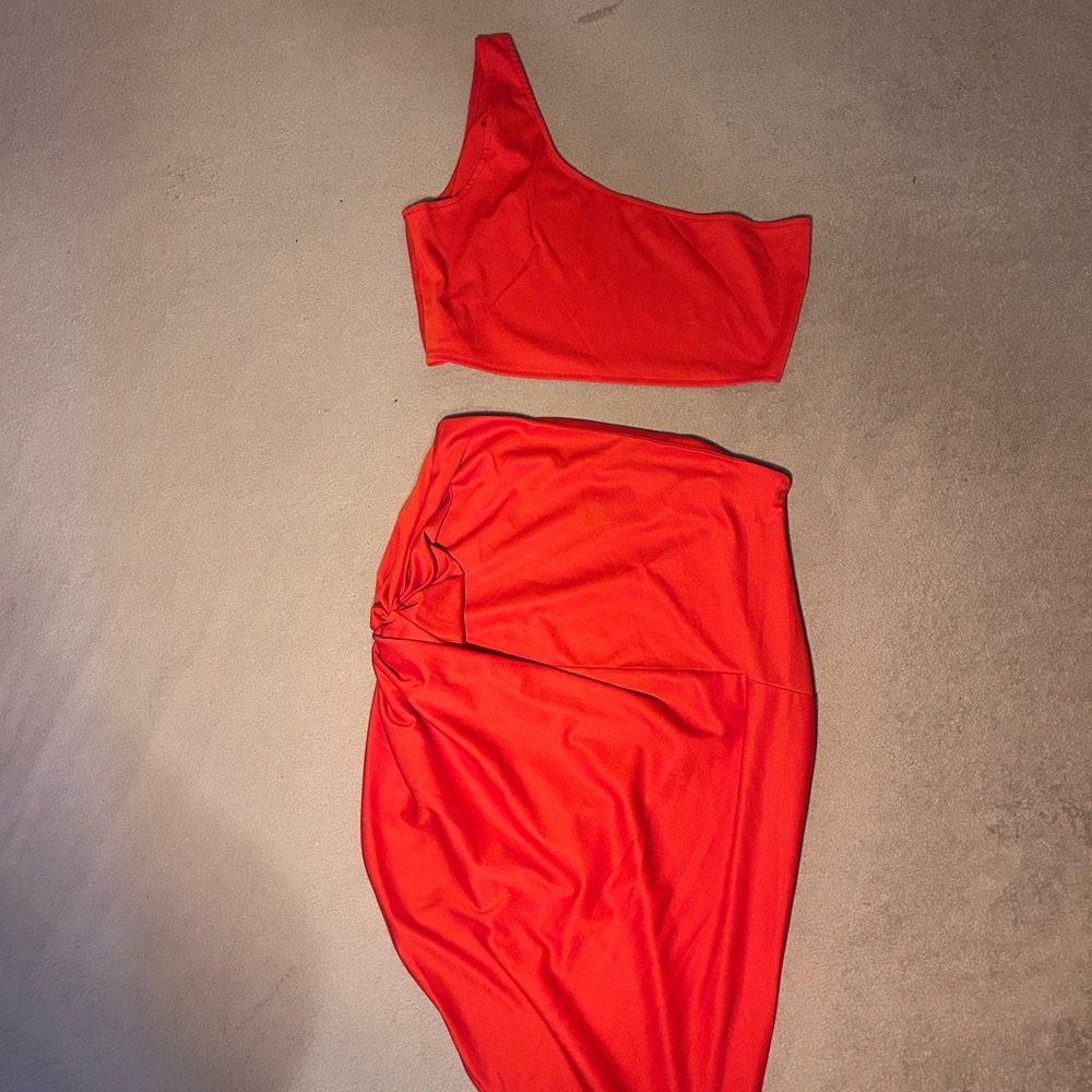 SHEIN Vibrant Red Asymmetrical Top and Skirt Set